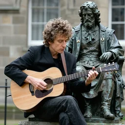 bob dylan playing his guitar whilst sitting next to a statue of king alfred the great, photograph