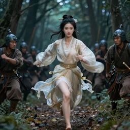 beautiful goddess running, in forest, chase by warriors, nighttime, asian, fantasy, art by WLOP, 8k