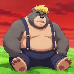 つくしあきひと blushing bear man chubby sumo wrestler anthro blonde hair tuff on head, grey fur, disney country bears animatronic bloody sharp teeth wearing overalls flannel posing seductive, looking seductive bara yaoi sitting in grass, red sky third impact style in akihito tsukashi