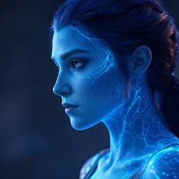 Character concept for female superhero with glowing blue skin with an intricate subsurface energy glow. Close-up side profile portrait. She is an attractive Greek woman with an aquiline nose a strong jawline. Facing left, looking down. Weta Digital. Animal Logic. Industrial Light & Magic. MANUKA renderer.