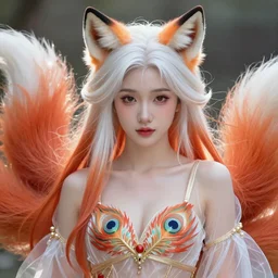 prompt A beautiful portrait of a white red orange kumiho, stunning gorgeous cute asian face, translucent silky dress, a bra in the shape of peacock feathers, close up front view, long clumpy hair in the shape of fox tail, backlit, concept art, matte painting, by Peter Mohrbacher