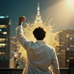a 3 5 mm photo from the back of a scientist raising a fist in triumph, standing in front of a city, splash art, movie still, bokeh, canon 5 0 mm, cinematic lighting, dramatic, film, photography, golden hour, depth of field, award - winning, anamorphic lens flare, 8 k, hyper detailed, 3 5 mm film grain