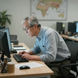 a photo of a 1 2 0 years old man with a crooked back working on the computer in the office, fantasy style