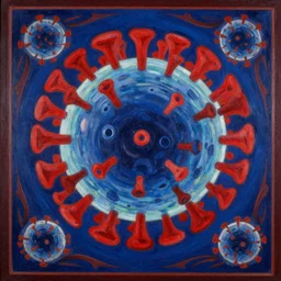 art deco painting of coronavirus, reds and blues