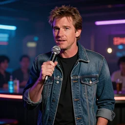 young harrison ford as deckard from bladerunner doing standup comedy in a cyberpunk bar behind a mic