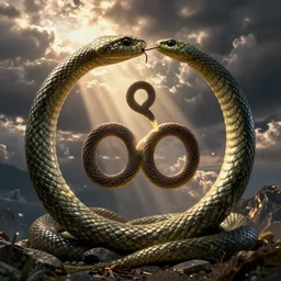 a tao symbol made surrounded by a snake eating its own tail, fantasy drawing