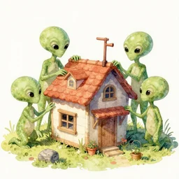 watercolor of a group of aliens building a house, sharp focus, smooth, digital illustration, by james jean, by rossdraws, frank franzzeta, mcbess, sakimichan