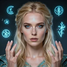 beautiful blonde nordic heathen woman summoning spirits, portrait, studio lighting, perfect eyes, detailed face, cover model, magic, technology, sigils, leds,