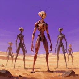 Humanoid Ant Aliens on a desert planet with purple sky [realistic detailed digital painting for a Science Fiction Novel, trending on Artstation]