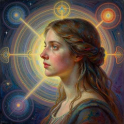 a portrait of a woman envisioning the division of humanity in search of the one truth, rule of thirds, pathways and portals to other worlds, extremely detailed, intricate pastel artwork, abstract geometry, hermeticism, magical symbolism