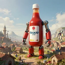 A Giant Ketchup bottle robot, ruling over a small feudalist medieval town, looming in the distance, Giant Ketchup bottle robot, rendered by Beeple, environment concept, inspired by Gundam, digital art, unreal engine, 3 point perspective, trending on artstation, low level, 4K UHD image, octane render,
