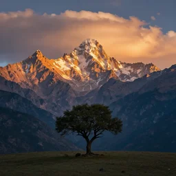 award winning landscape photography by andy lee, lone tree in foreground with bright jagged mountains in background, sunset, dramatic lighting, clouds