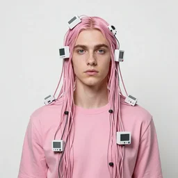 hyperrealist portrait of elijah zu bailey, pink, it is decorated with long wires that fall like vines and wears small computers over their body. by jeremy mann and alphonse mucha, fantasy art, photo realistic, dynamic lighting, artstation, poster, volumetric lighting, very detailed faces, 4 k, award winning