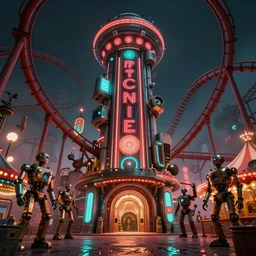 concept art, retro - futurist steampunk theme park, imperious, towering rollercoaster, carnival robots, octane render, artstation, dramatic neon lighting, glowing circus motifs, red turquoise accents, bladerunner, by gerald brom, james jean, syd mead, akihiko yoshida, cinematic