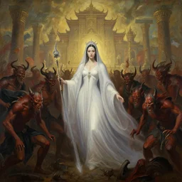 a ghost queen triumphs over a legion of demons, a painting of an ancient kingdom under the rule of a ghost queen