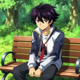 shuichi saihara from danganronpa sitting on a bench at the park, hightly detailed, danganronpa art style