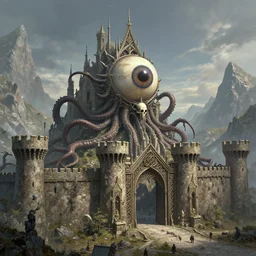 ancient medieval celtic alien eyeball dragon tentacle skull antler castle in the mountains, pointy architecture, massive gates, tower keep, ironwork, detailed infrastructure by greg rutkowski, artstation and frank lloyd wright, extremely hyperdetailed, uhd