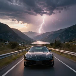 black pontiac firebird trans - am driving towards the camera, mountain, valley, breathtaking mountains, lake, dynamic, sunrise, cinematic, motionblur, sunbeams, volumetric lighting, wide shot, low angle, large lightning storm