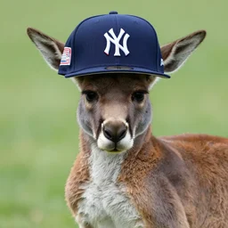 kangaroo wearing a yankees flat bill hat