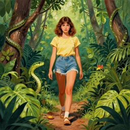 centre portrait of a girl walking through jungle!!, snake on a tree, symmetry, retro 8 0 s style, colourful, accurate, realistic illustration, art by peter elson