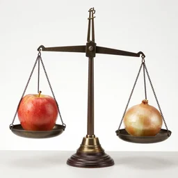 set of balance scales with weights, libra style, one apple and one onion