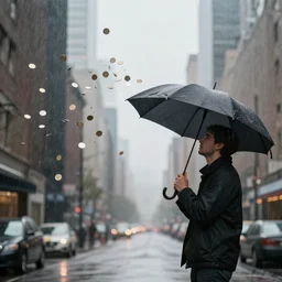 coins and money falling from the sky and hits a man with a umbrella in a city, coins, money, rain, 8 k photography