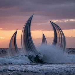 fibres of crashing waves spiral into the dusk sky sunset , detailed biodiversity emerging from the waters manifest as towering structures,