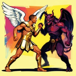 will smith dressed as a gladiator and with angel wings fights against demons, matte painting, bold shapes, hard edges, street art, trending on artstation, by huang guangjian and gil elvgren and sachin teng
