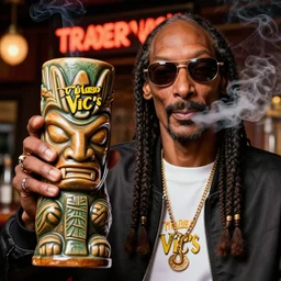 a closeup photorealistic photograph of stoned smoking snoop dogg at trader vic's bar holding up a trader vic's tiki mug featuring snoop dogg's face. tiki culture. brightly lit scene. this 4 k hd image is trending on artstation, featured on behance, well - rendered, extra crisp, features intricate detail, epic composition and the style of unreal engine.