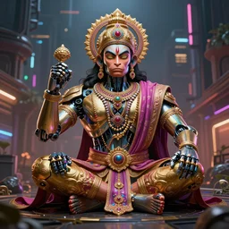 high quality 3 d render colorful cyborg! hanuman sitting, gold madhubani, highly detailed, cyberpunk!! mumbai in the background, vray cinematic smooth, blade runner, moody light, low angle, uhd 8 k, sharp focus