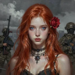 ultra realist and ultra intricate detailed soft painting of a beautiful young girl, thin lustrous long auburn hair, symmetry features, blue eyes, rose in hair, gothic necklace, sensual gloomy style, volumetric clouds, urban background, military, assault rifle, artstation, unreal render, depth of field