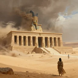 a fantasy concept artwork depicting magnificent egyptian temple in the desert and the sandstorm is approaching by anders zorn, craig mullins and greg rutkowski, beautiful cinematic light