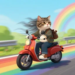 A cat on a motorcycle with wind flowing through his jacket, driving through rainbow road, digital art