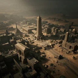 ancient urban city super wide aerial view, building, desert, temple, cinematic composition, mist, obscure render light dark, blade runner 2 0 4 9
