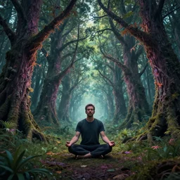 a meditating man sitting in a fractal forest psychedelic high Detail symmetry