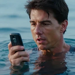 film still of an extremely scared tom cruise using his mobile phone in the middle of the sea, cinematic, dramatic, close - up, reflections, extremely detailed face