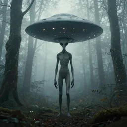 long subtle alien with big ufo head, lost in the foggy woods, by simon stalenhag, beeple and greg rutkowsky