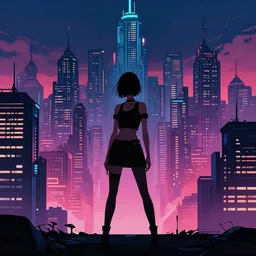 a woman standing in front of a city skyline, cyberpunk art by kaii higashiyama, trending on cgsociety, neo - romanticism, dystopian art, 2 d game art, apocalypse art