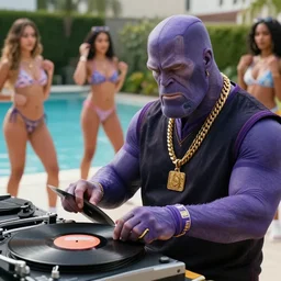 thanos is scratching records to the rap song, and listening to hip - hop music, wearing gold chains, looking like a wealthy rapper, near a pool, hot girls dancing