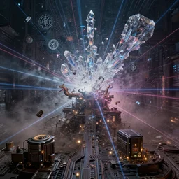 technology and magic combined, circuitry and sigils combined, photorealistic, technical, royo, frazetta, giger, leds, dust, laser light, crystalline shimmers, chaos, complexity, emergence,