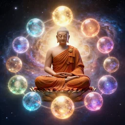 floating monk sitting in lotus position surrounded by 9 glowing orbs of different colors with a vast galactic background shining brightly, photorealistic, cinematic, intricate details, high resolution, 8 k