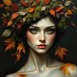 portrait of beautiful female model by irakli nadar, with intricate detailed color fluid oil paint and acrylic, dried moss and autumn leaves headdress, haunting, elite, elegant, melting, mycelia, abstract impressionism, ruan jia, dark fantasy, hyper detailed, concept art, by gustav klimt, perfect face symmetry, beautiful eyes
