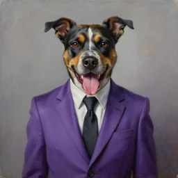 Portrait of a psychotic crossbreed between a rabid dog and a toad, in a purple suit, oil painting
