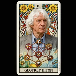 realistic white - haired geoffrey hinton with neural networks on a tarot card, tarot in art style by alphonse mucha