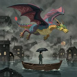 a realistic and atmospheric cell - shaded concept art from howl's moving castle ( 2 0 0 4 ) of a multi - colored dragon in the air. a man with an umbrella is standing in a boat in a flooded city. it is a misty starry night. very dull muted colors, hd, 4 k, hq