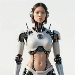 beautiful Fine art photography of a solarpunk part robot part human girl with real human face and real abdomen, white background, highly detailed, medium shot, photorealism, sun lighting 8k