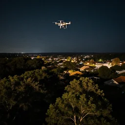Unidentified drones flying at night over trees, small town