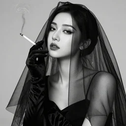 Black and white high definition photo. Beautiful girl in black veil and black gloves smoking a cigarette. Expressive noir style, photo shoot, model posing, award winning, 85mm, masterpiece.