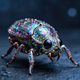 highly detailed holographic cyborg scarab! high quality photo with jeweled gorgeous moody blue lighting octane low angle hd 8k sharp shallow depth of field