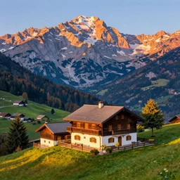 matte painting of mountain cottage szene in beautiful mountain landscape in the bavarian alps, by albert whitlock, amazing details, beautiful composition, vibrant colors, bird eye view, luminescent, warm hue's